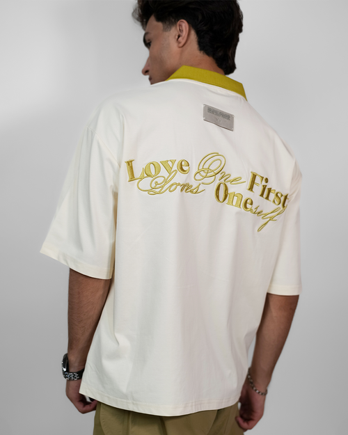 LOVE ONE FIRST LOVES ONE SELF CORE ZIP POLO TEE [UNISEX]-IVORY WHITE