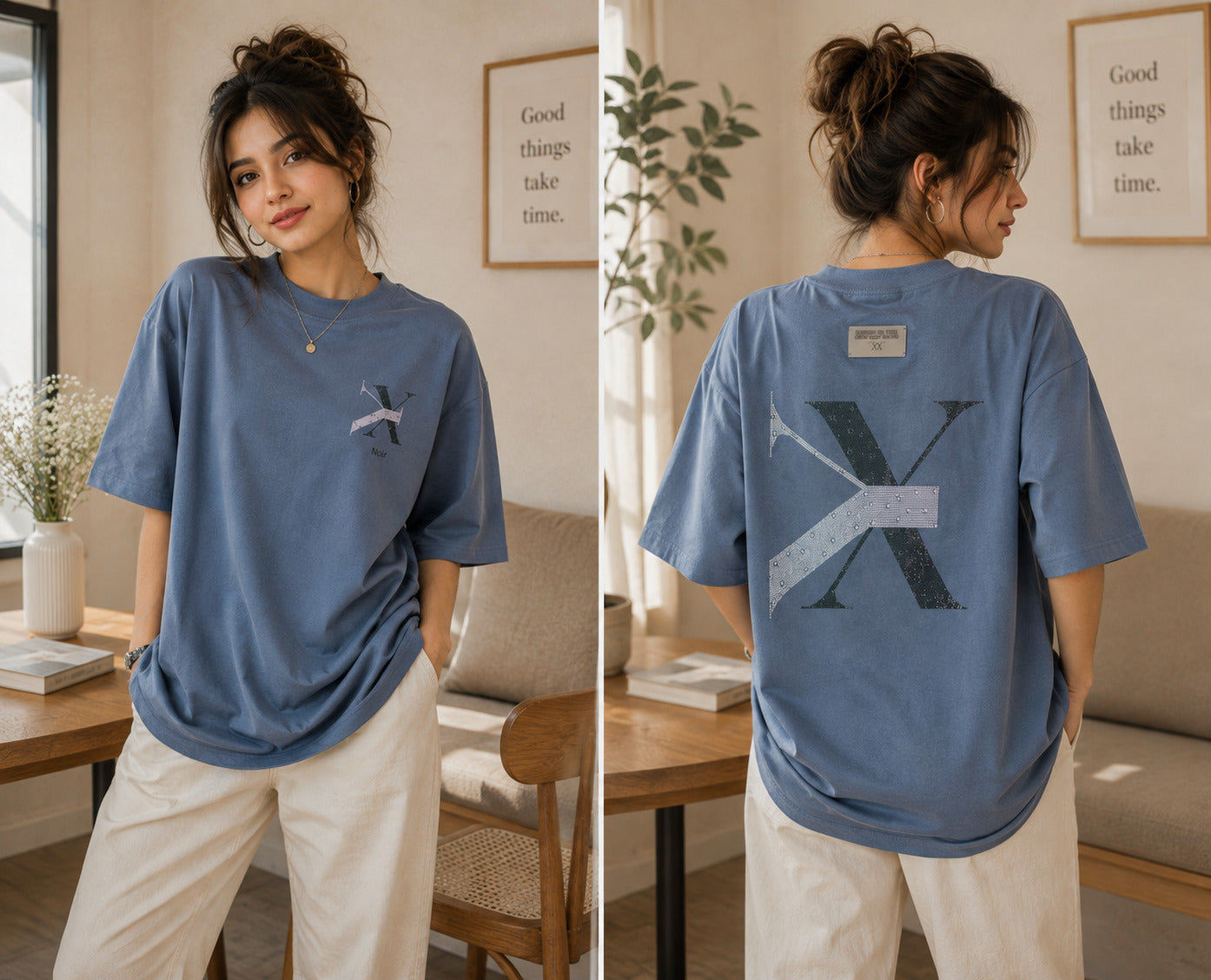 Noir Dusty Blue X Graphic Oversized Tee