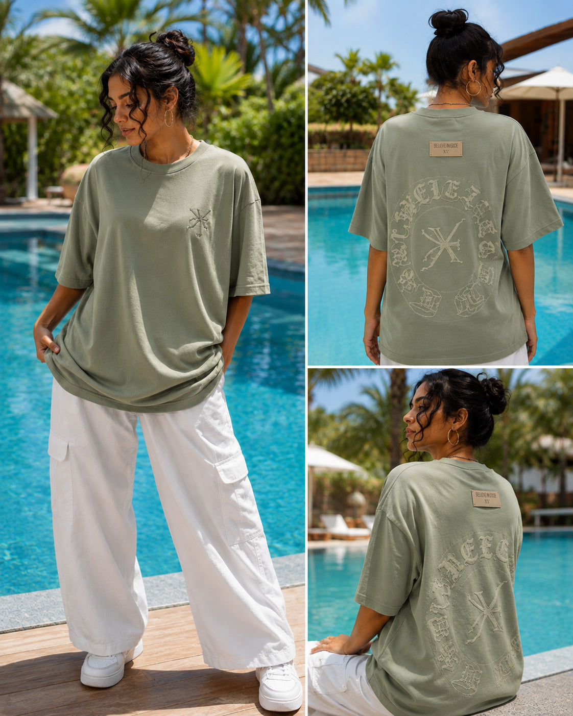 Noir Sage Green Relaxed Graphic Oversized Tee