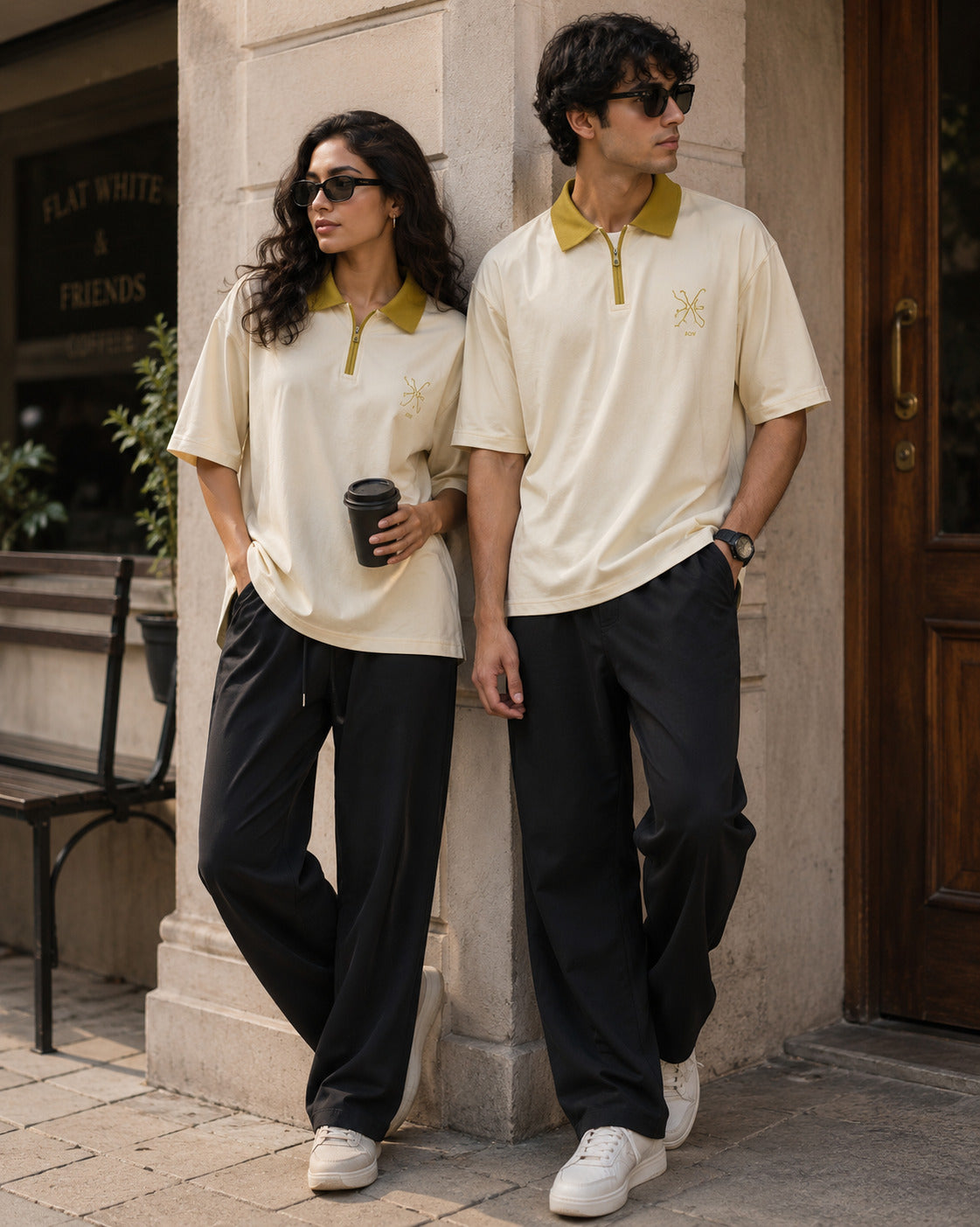 Noir Cream Contrast Collar Zip Polo